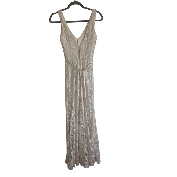 B. Darlin Women's Lace Maxi Evening Gown 3/4 Sleeveless V-Neck Beige Dress - Picture 9 of 15